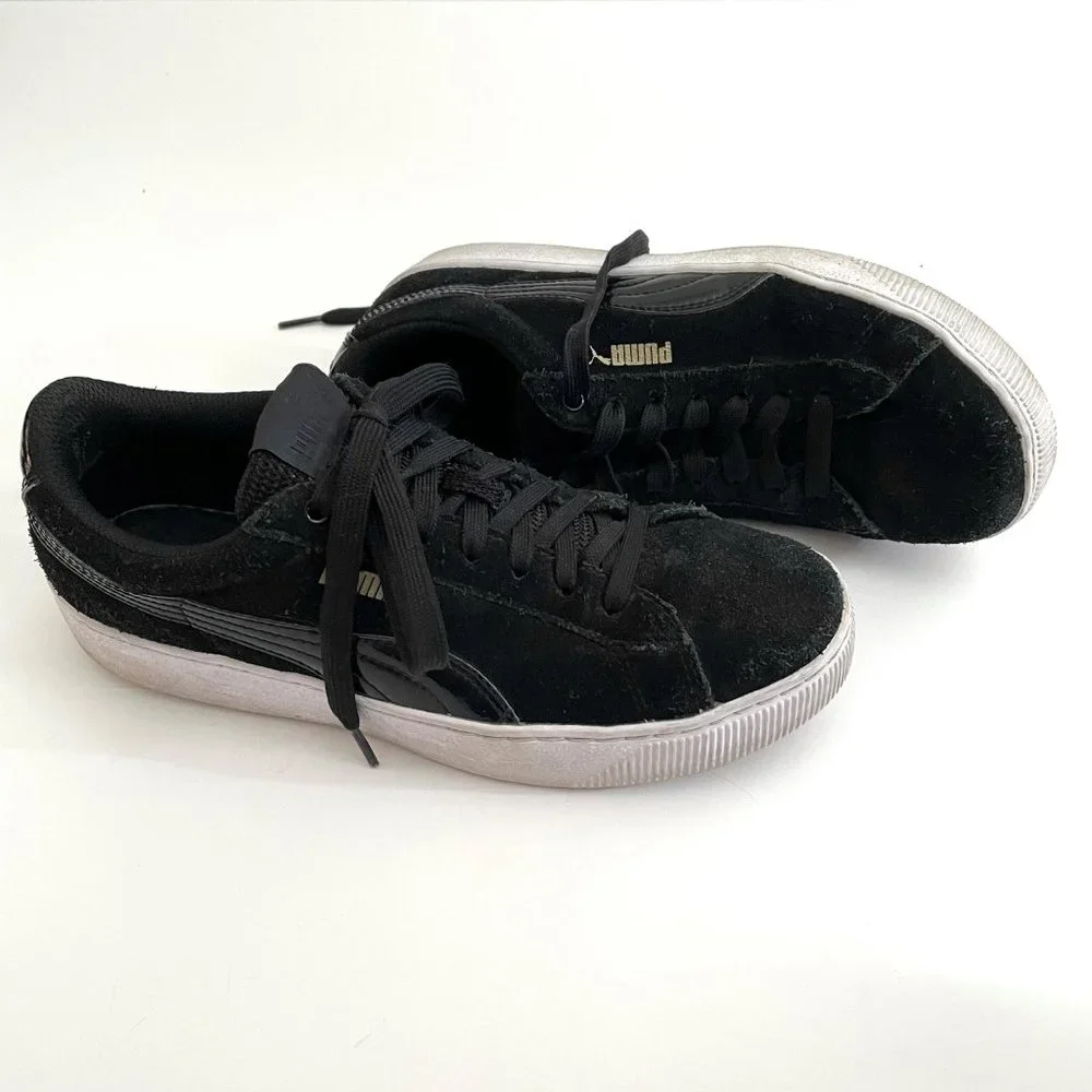 Puma Black Suede Vikky White Platform Low Top Sporty Comfort Leather Sneakers 8 - Picture 5 of 13